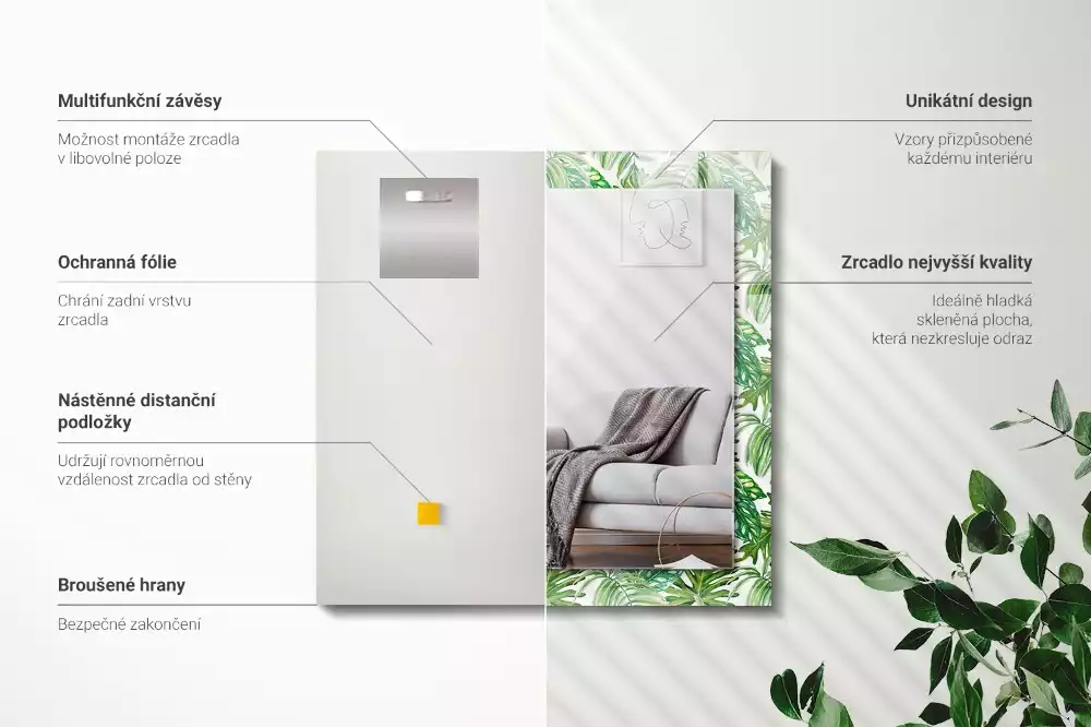 Miroir rectangulaire avec cadre imprimé feuilles exotiques vertes