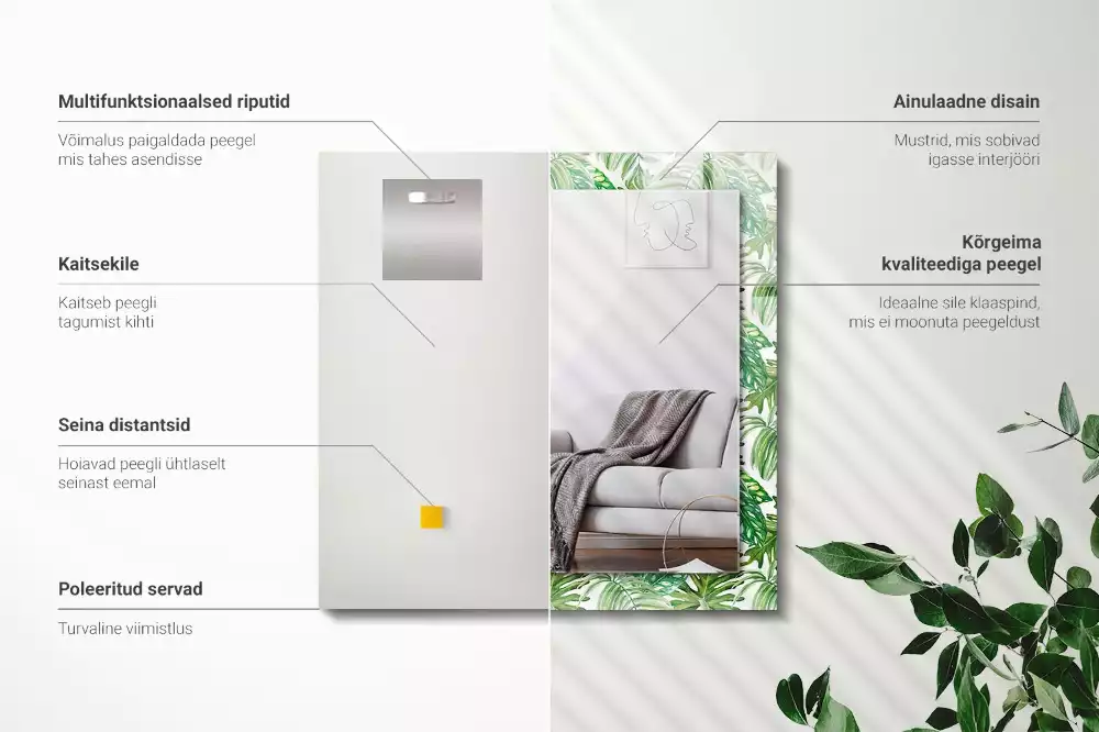 Miroir rectangulaire avec cadre imprimé feuilles exotiques vertes