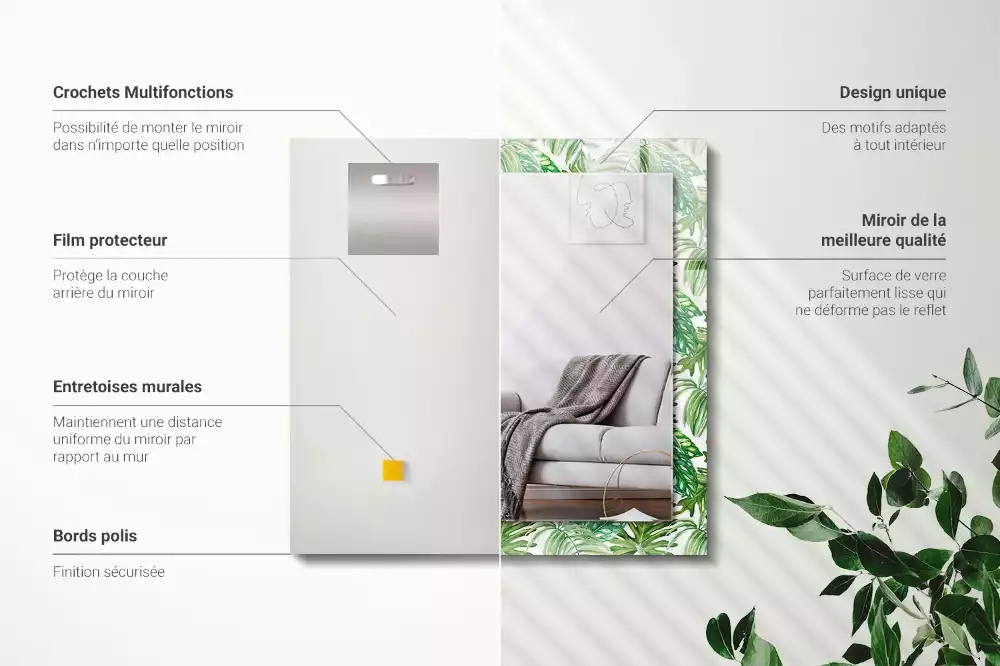 Miroir rectangulaire avec cadre imprimé feuilles exotiques vertes