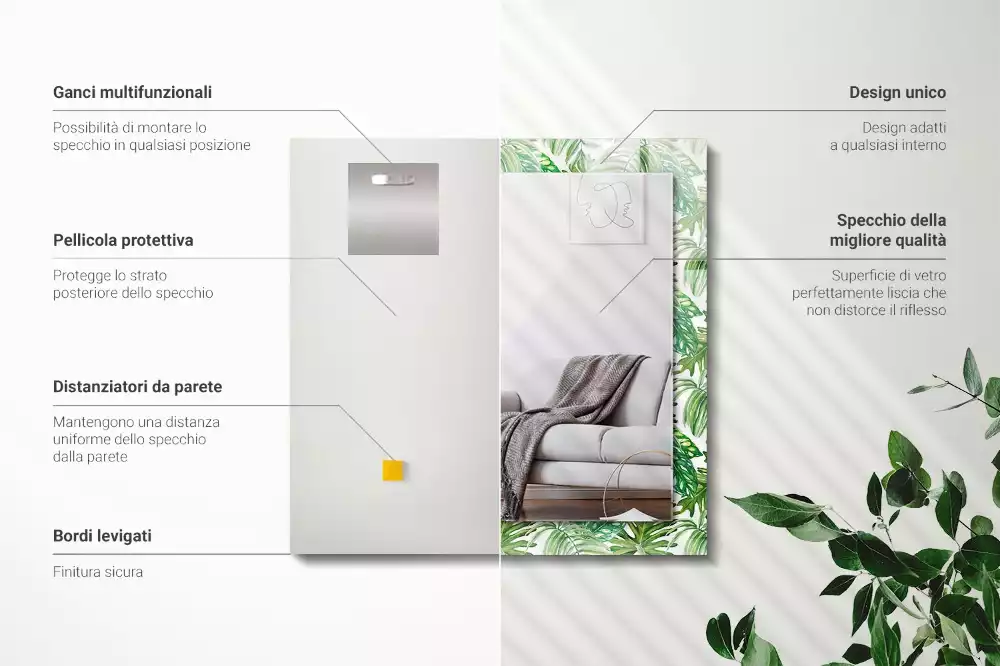 Miroir rectangulaire avec cadre imprimé feuilles exotiques vertes