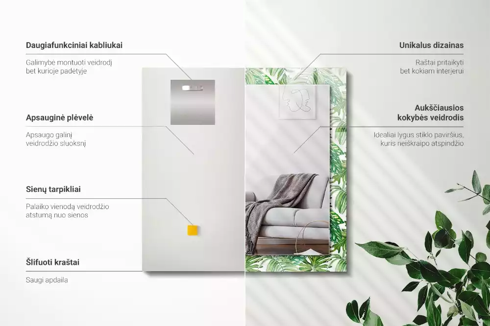 Miroir rectangulaire avec cadre imprimé feuilles exotiques vertes