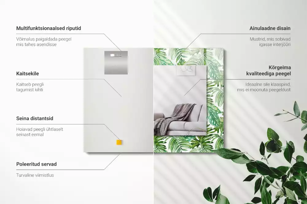 Miroir rectangulaire avec cadre imprimé feuilles exotiques vertes