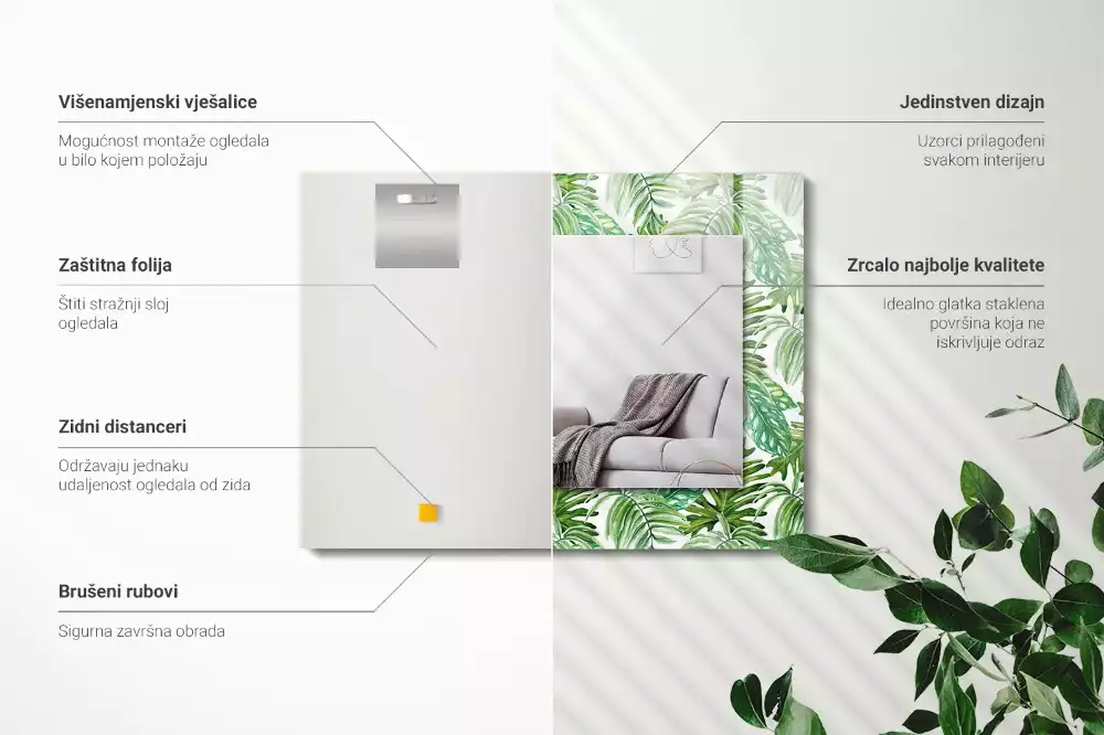 Miroir rectangulaire avec cadre imprimé feuilles exotiques vertes