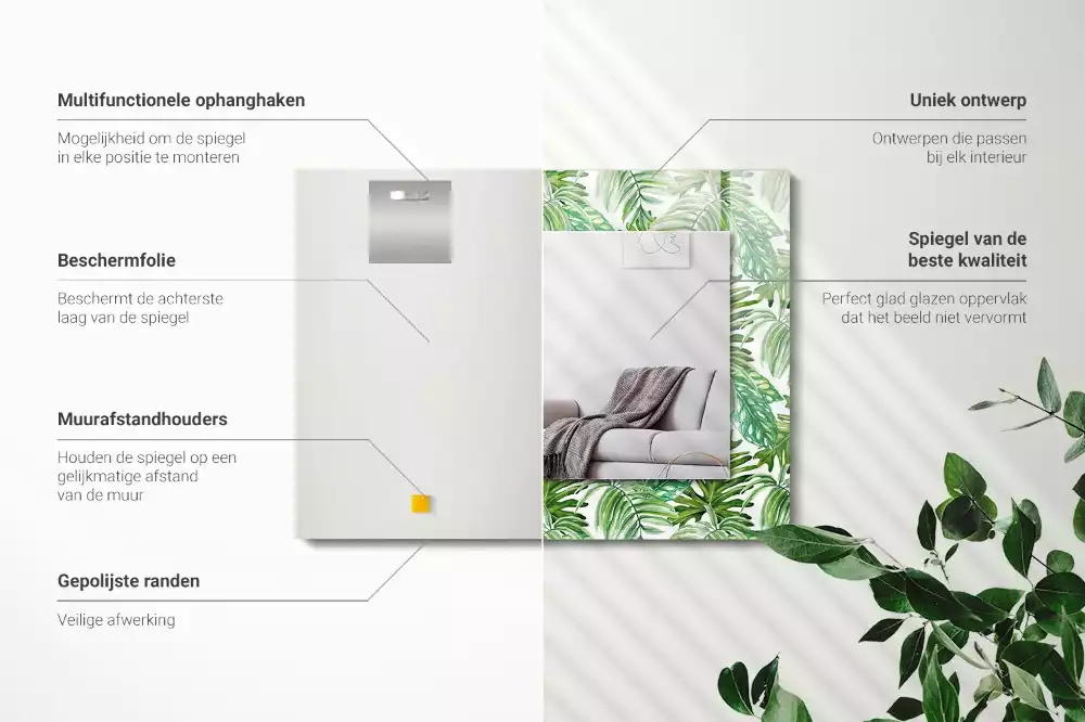 Miroir rectangulaire avec cadre imprimé feuilles exotiques vertes