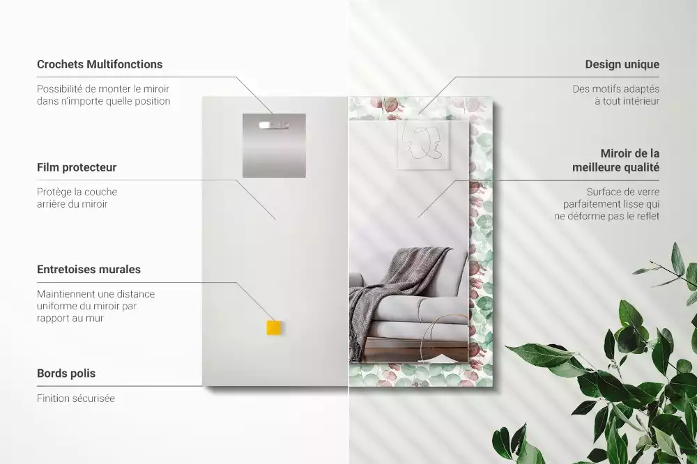 Miroir rectangulaire à cadre imprimé feuilles en aquarelle