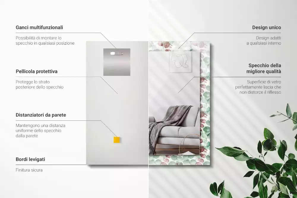 Miroir rectangulaire à cadre imprimé feuilles en aquarelle