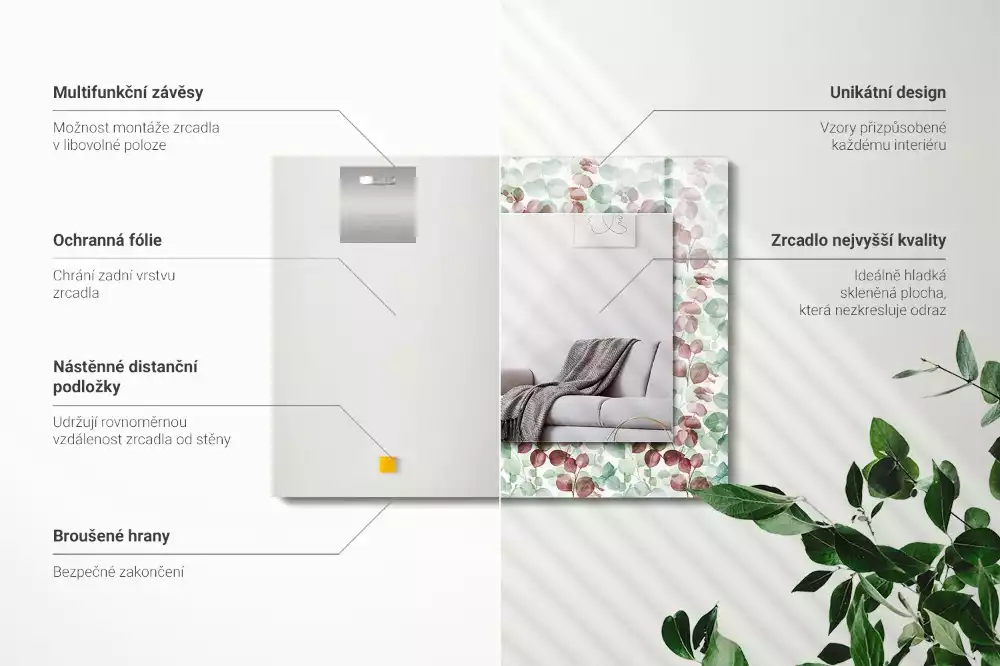 Miroir rectangulaire à cadre imprimé feuilles en aquarelle
