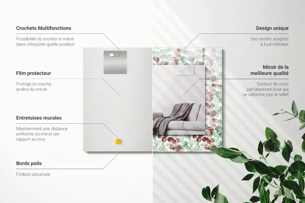 Miroir rectangulaire à cadre imprimé feuilles en aquarelle