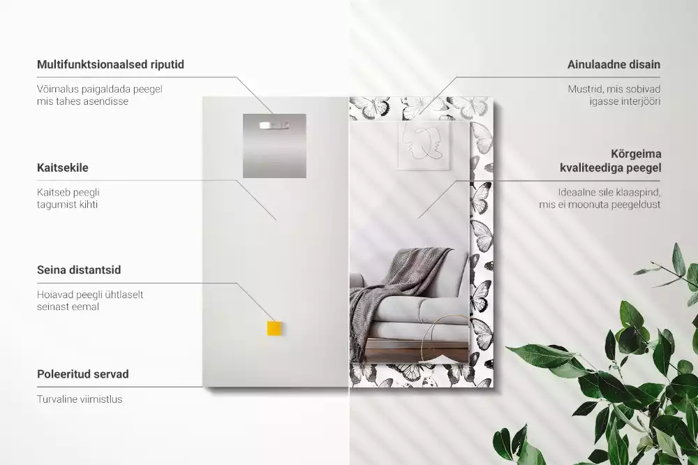 Miroir rectangulaire imprimé papillons en noir et blanc