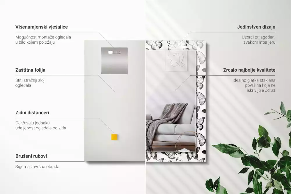 Miroir rectangulaire imprimé papillons en noir et blanc