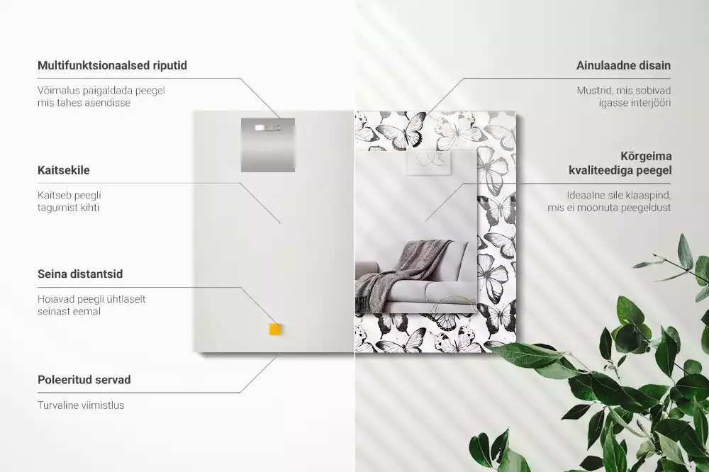 Miroir rectangulaire imprimé papillons en noir et blanc