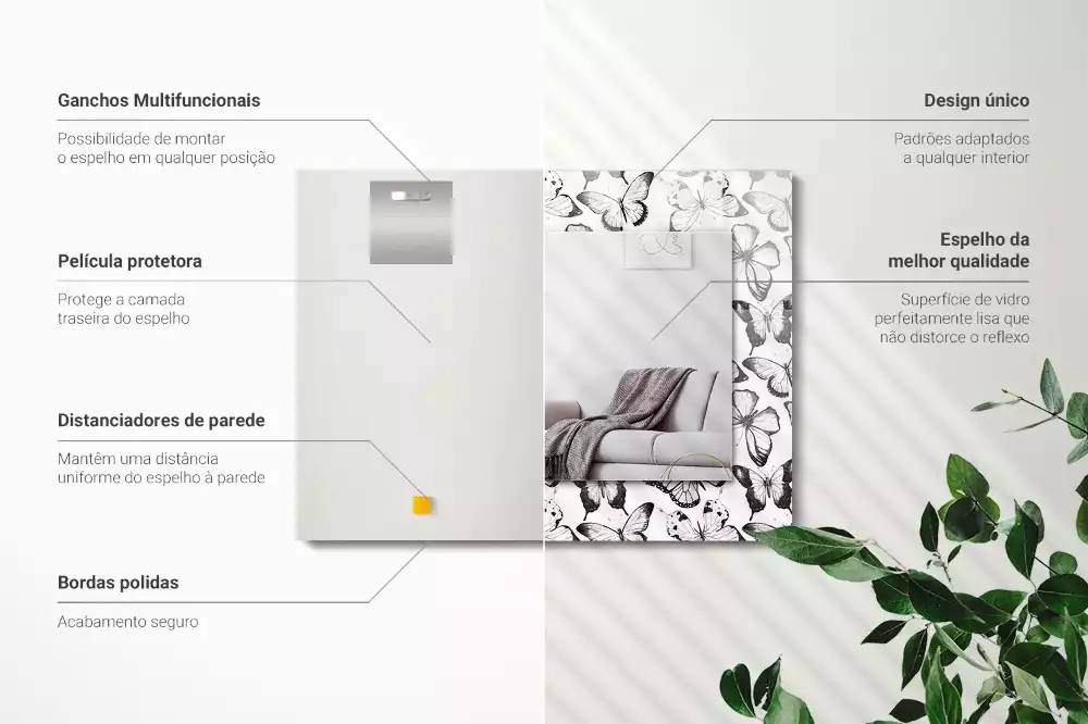 Miroir rectangulaire imprimé papillons en noir et blanc