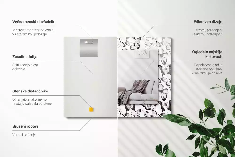 Miroir rectangulaire imprimé papillons en noir et blanc