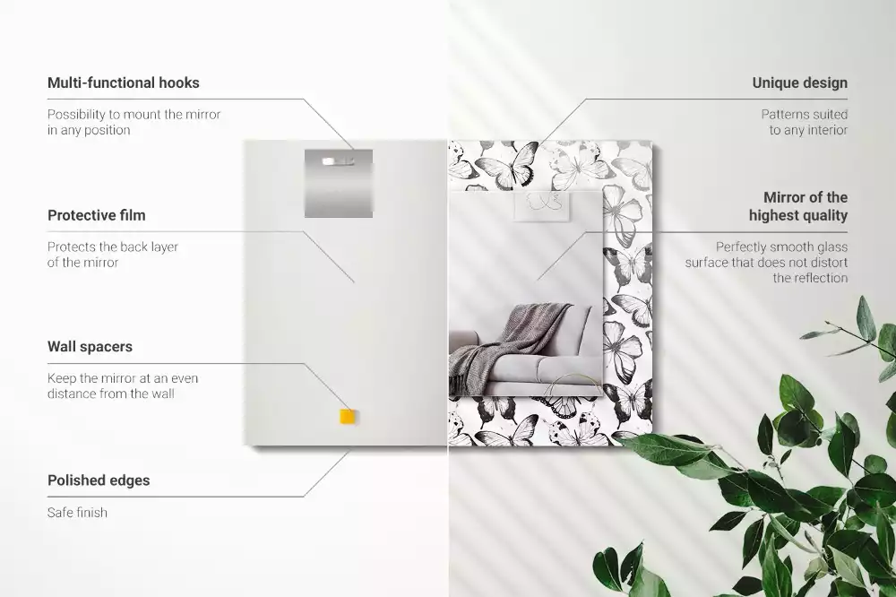 Miroir rectangulaire imprimé papillons en noir et blanc