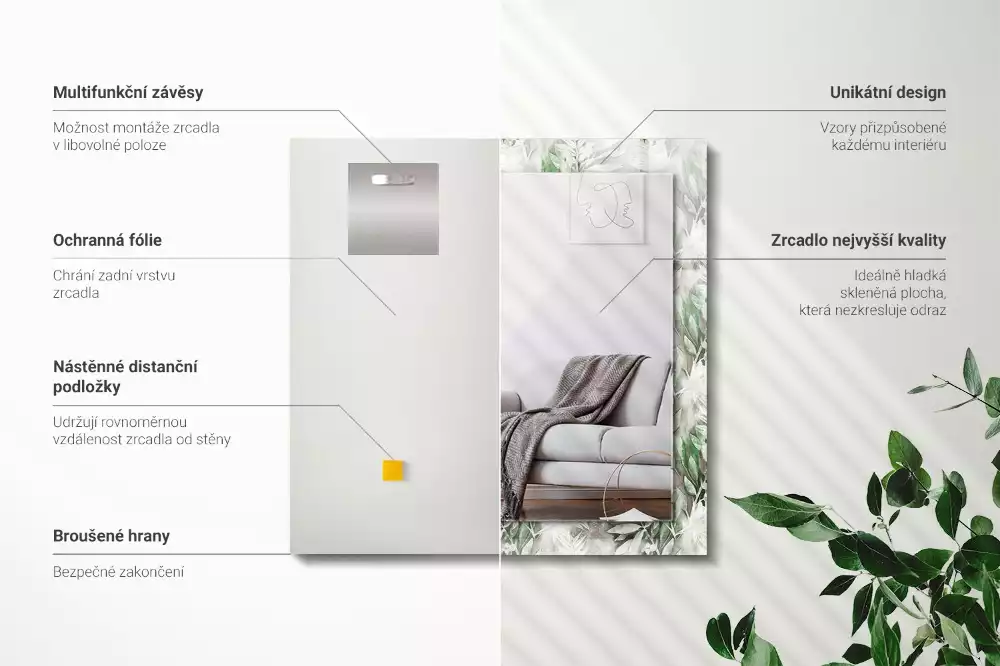 Miroir rectangulaire avec cadre imprimé motif feuilles vertes