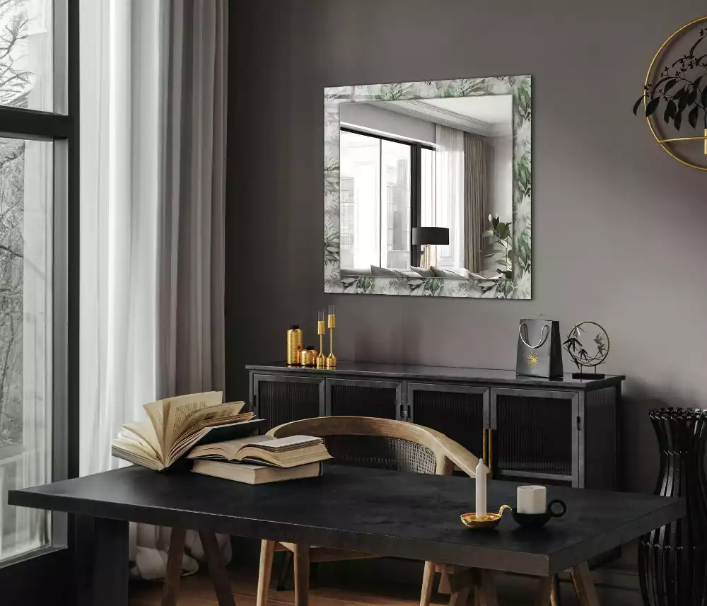 Miroir rectangulaire avec cadre imprimé motif feuilles vertes