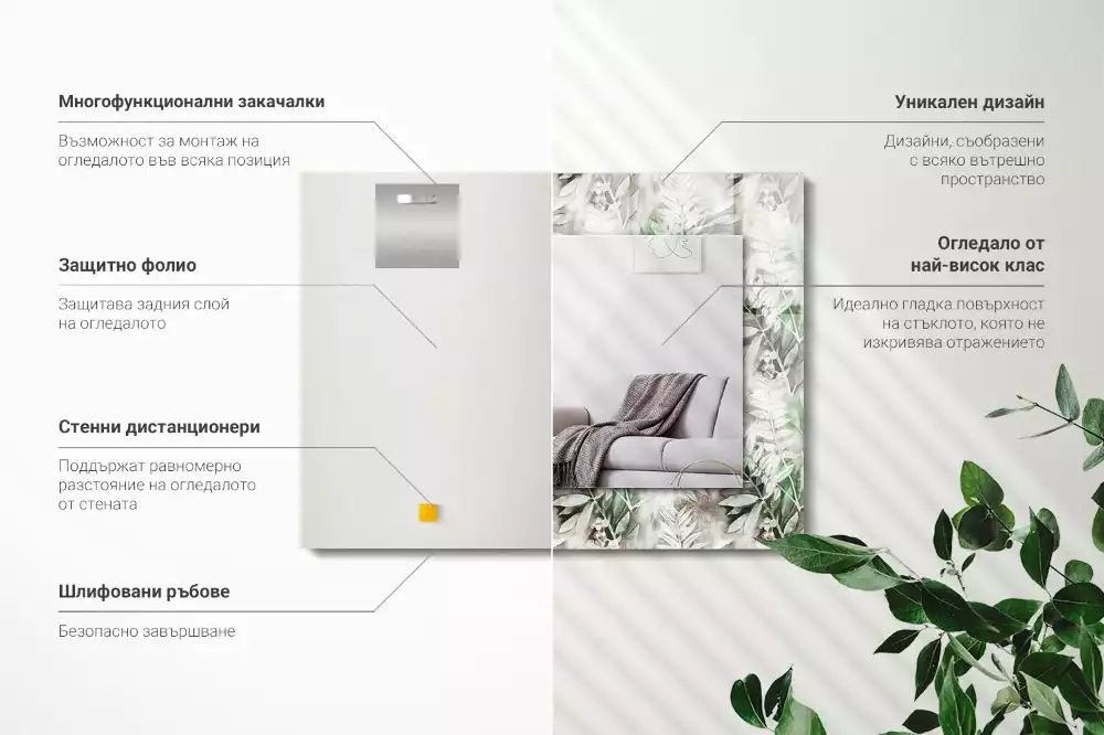 Miroir rectangulaire avec cadre imprimé motif feuilles vertes