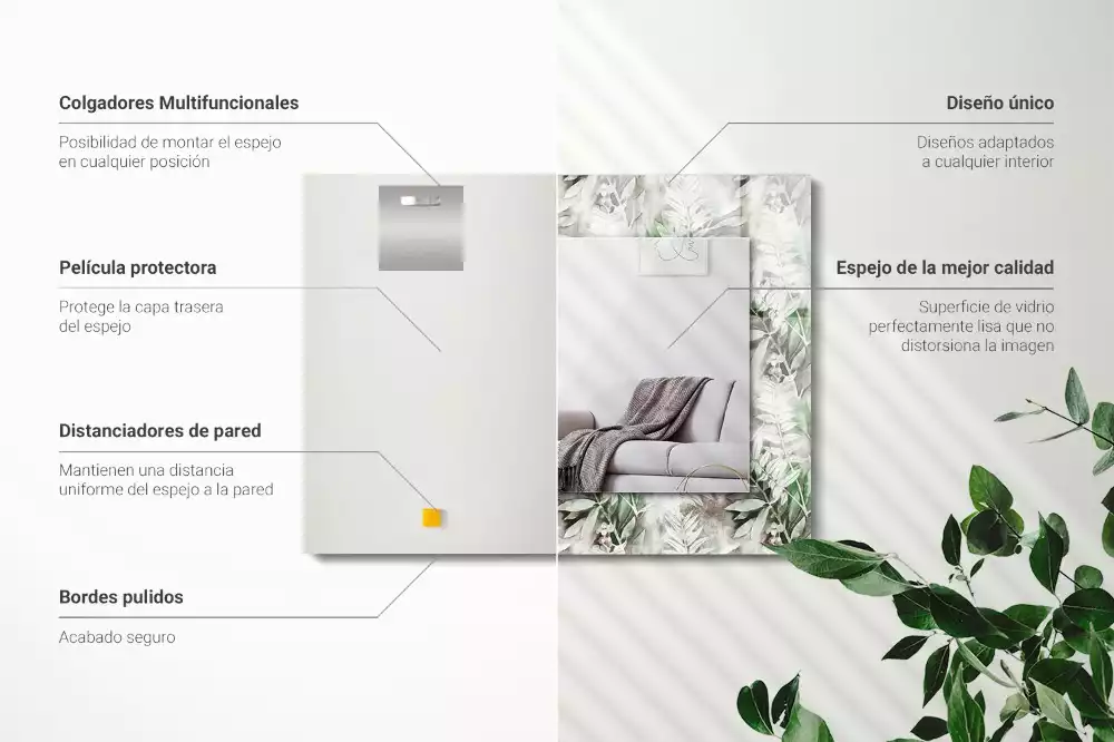 Miroir rectangulaire avec cadre imprimé motif feuilles vertes