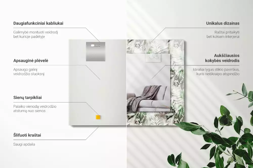 Miroir rectangulaire avec cadre imprimé motif feuilles vertes