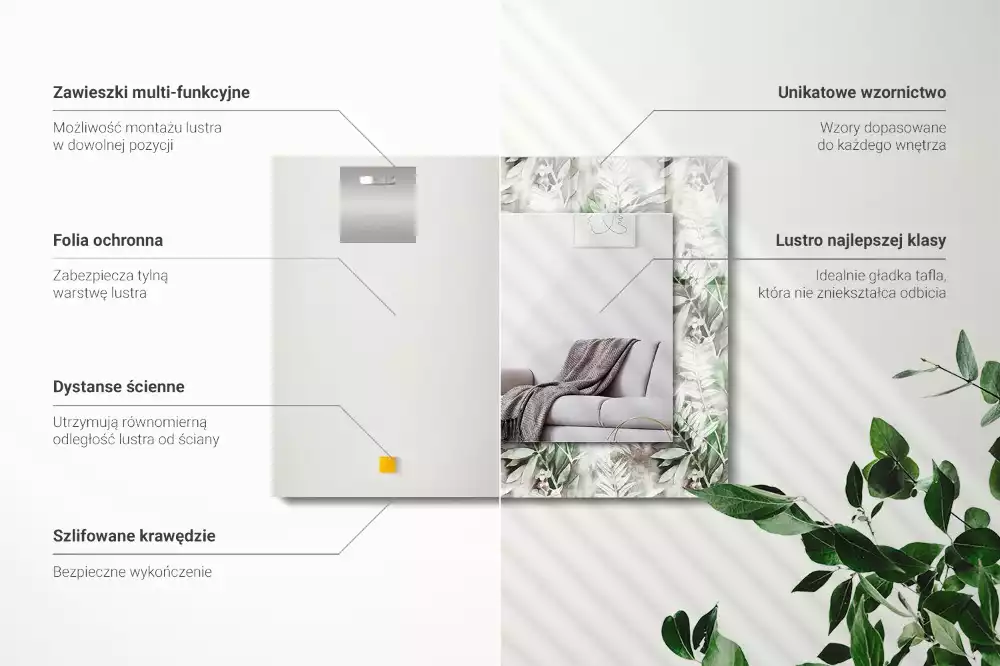 Miroir rectangulaire avec cadre imprimé motif feuilles vertes