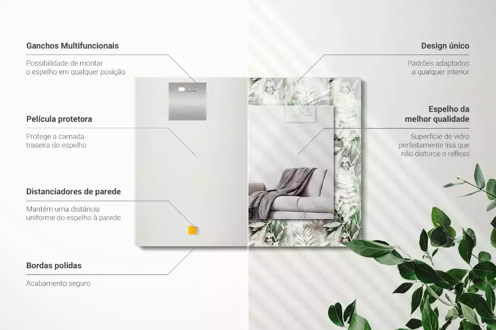 Miroir rectangulaire avec cadre imprimé motif feuilles vertes
