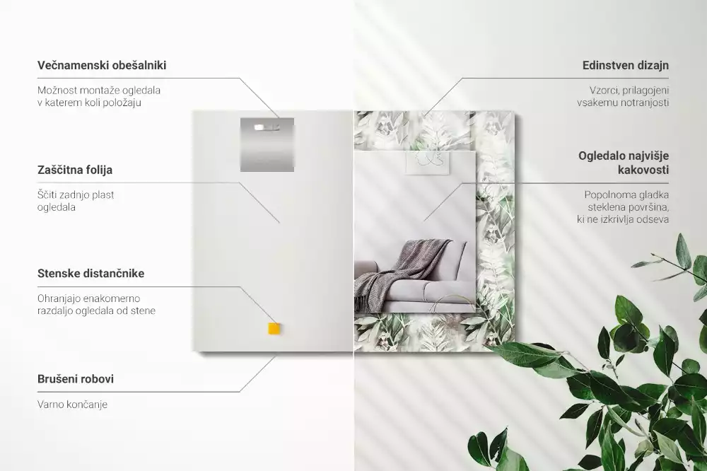 Miroir rectangulaire avec cadre imprimé motif feuilles vertes