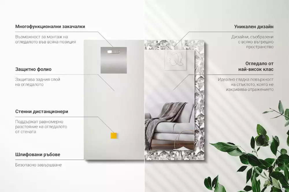 Miroir rectangulaire à cadre imprimé feuilles et fleurs