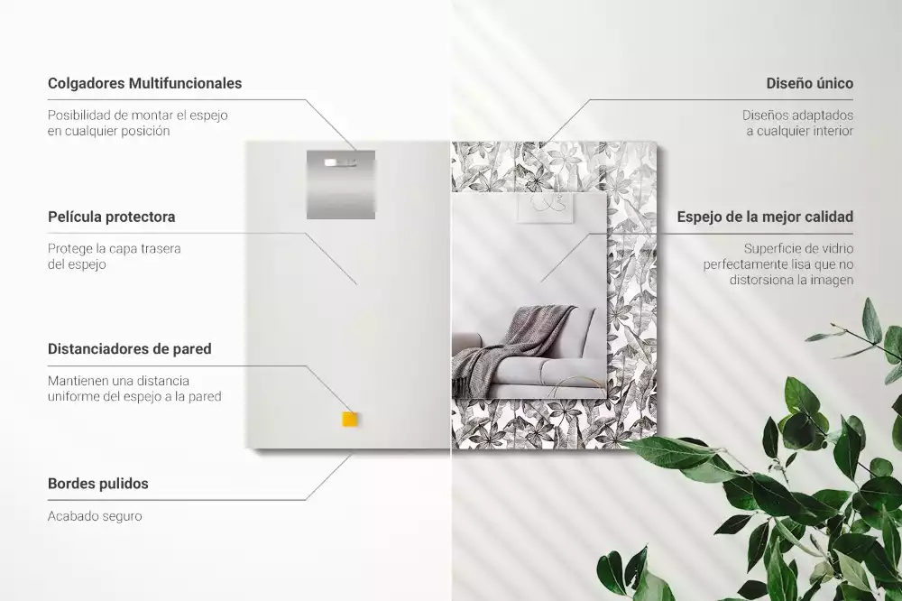 Miroir rectangulaire à cadre imprimé feuilles et fleurs