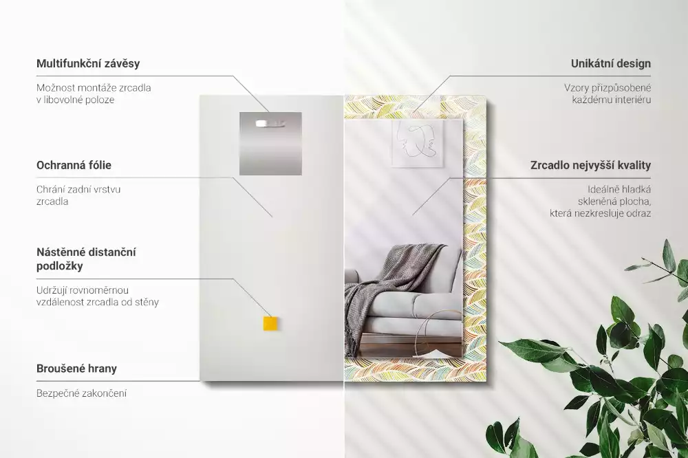 Miroir rectangulaire décoratif vagues colorées et feuilles