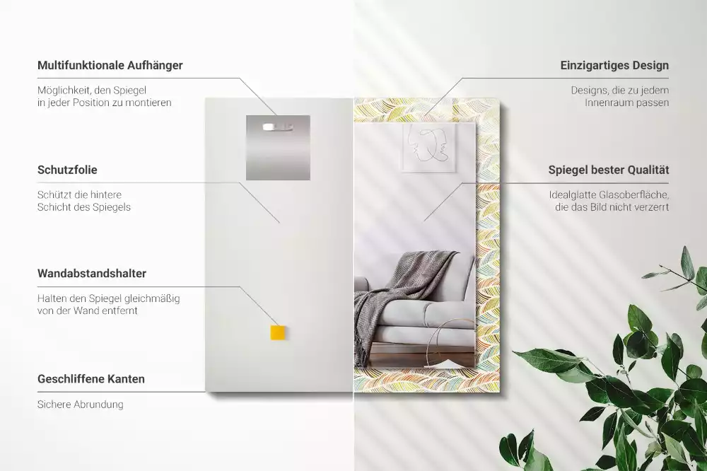 Miroir rectangulaire décoratif vagues colorées et feuilles