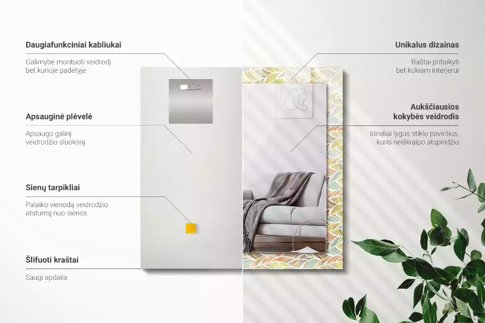 Miroir rectangulaire décoratif vagues colorées et feuilles