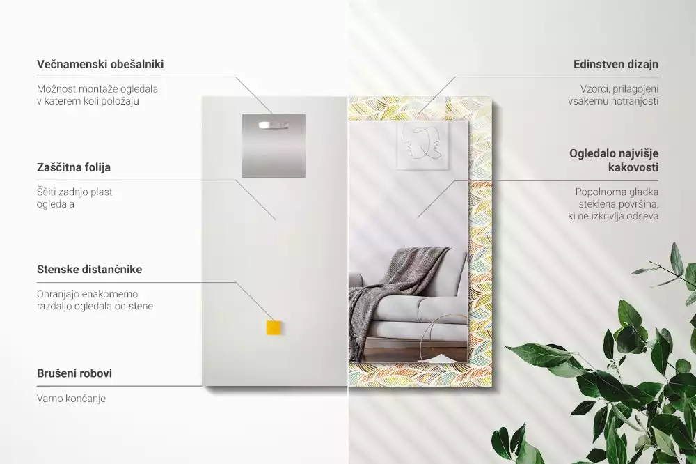 Miroir rectangulaire décoratif vagues colorées et feuilles