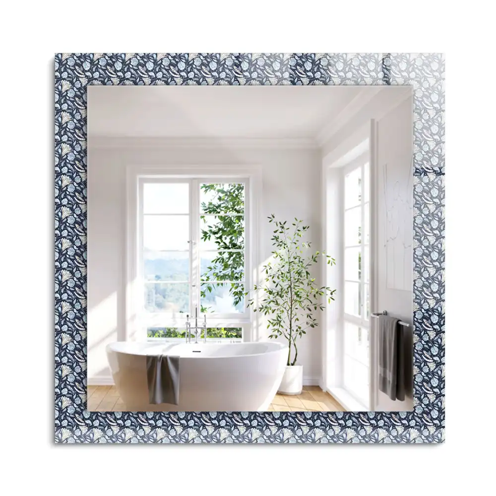 Miroir rectangulaire avec cadre imprimé motif floral bleu clair