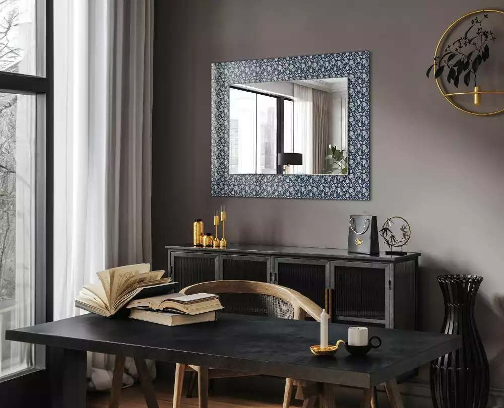 Miroir rectangulaire avec cadre imprimé motif floral bleu clair