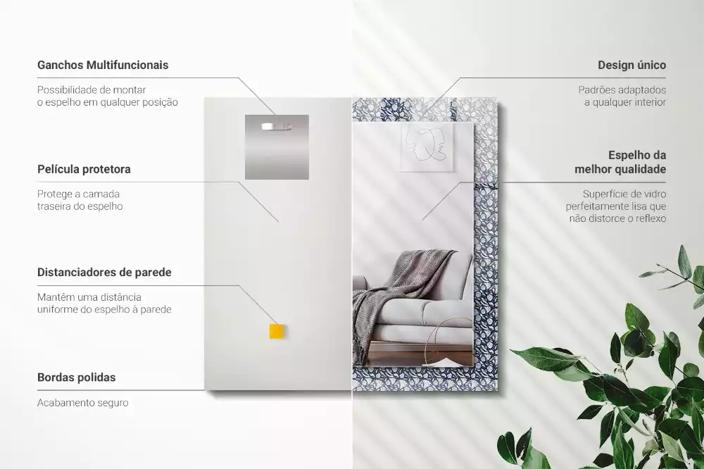 Miroir rectangulaire avec cadre imprimé motif floral bleu clair