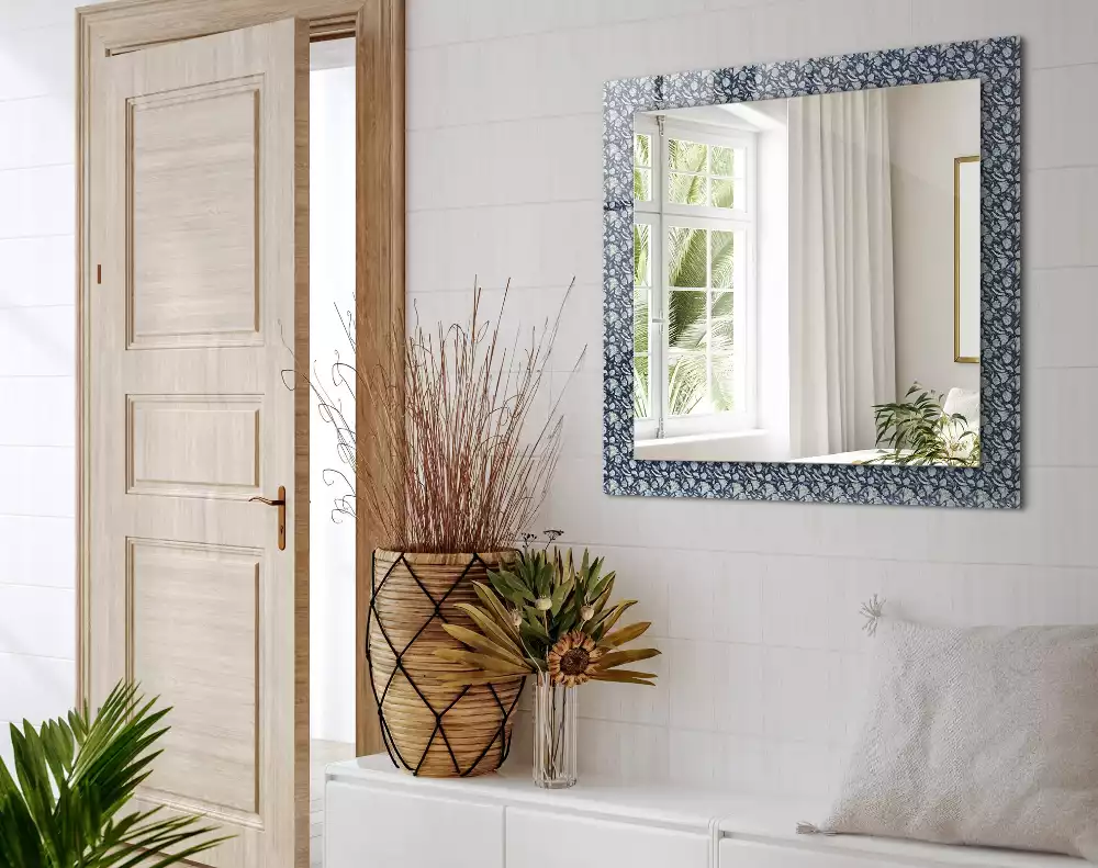 Miroir rectangulaire avec cadre imprimé motif floral bleu clair
