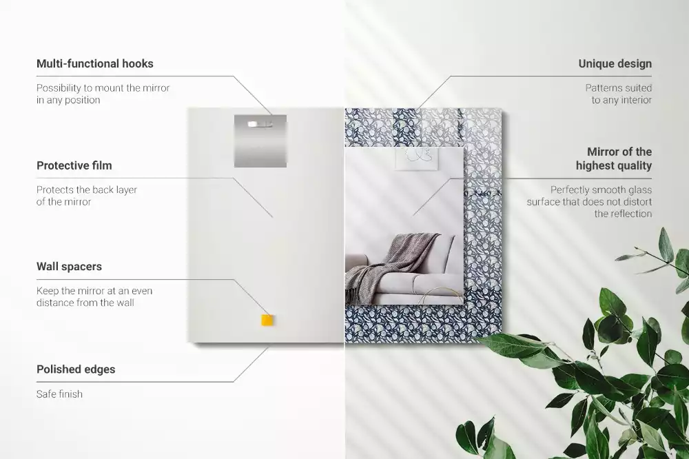 Miroir rectangulaire avec cadre imprimé motif floral bleu clair