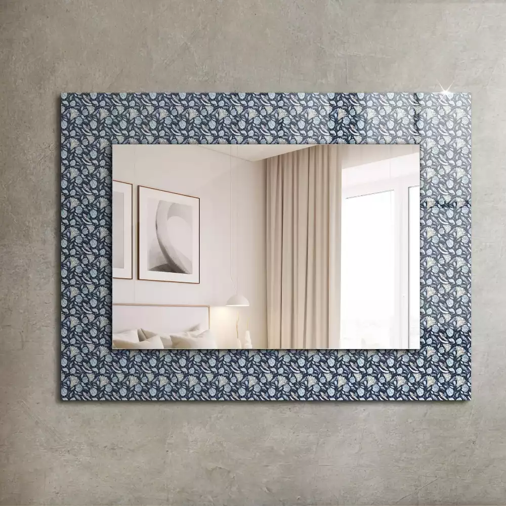 Miroir rectangulaire avec cadre imprimé motif floral bleu clair