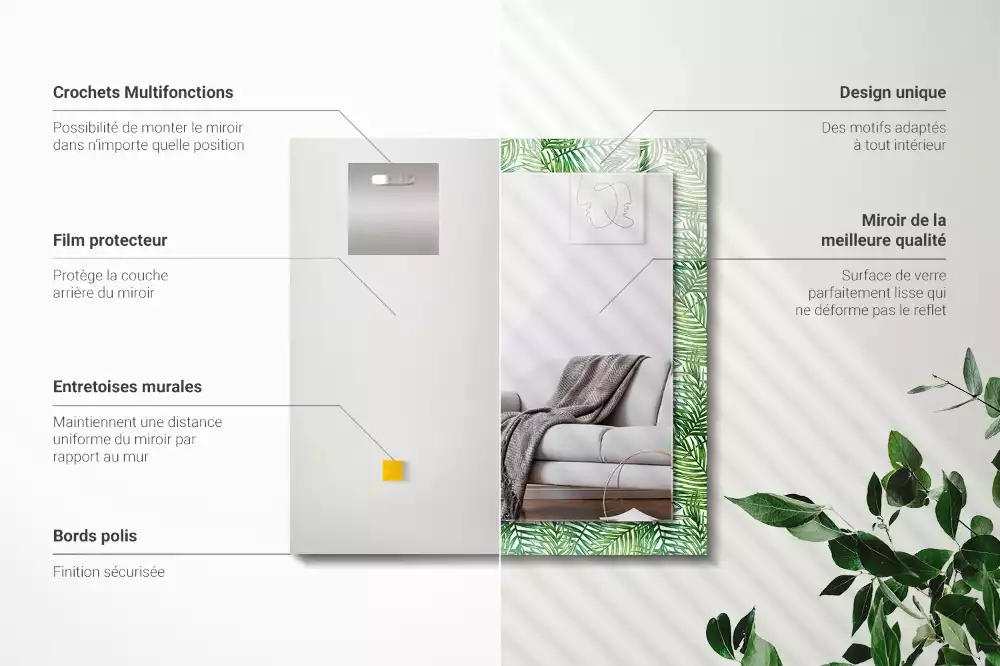 Miroir rectangulaire avec cadre imprimé feuilles de palmier vertes