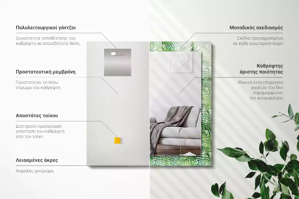 Miroir rectangulaire avec cadre imprimé feuilles de palmier vertes