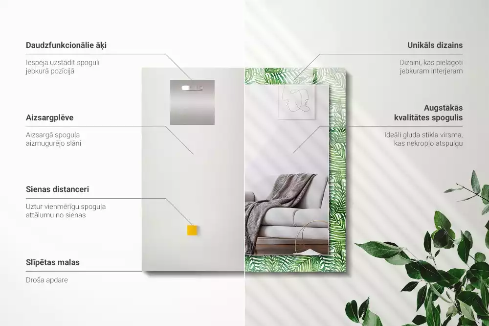 Miroir rectangulaire avec cadre imprimé feuilles de palmier vertes