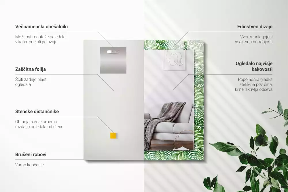 Miroir rectangulaire avec cadre imprimé feuilles de palmier vertes