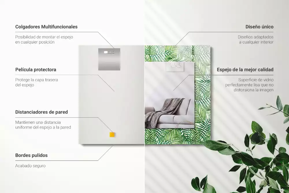 Miroir rectangulaire avec cadre imprimé feuilles de palmier vertes