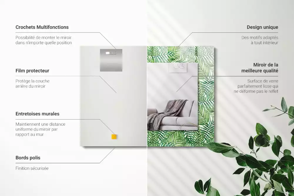 Miroir rectangulaire avec cadre imprimé feuilles de palmier vertes