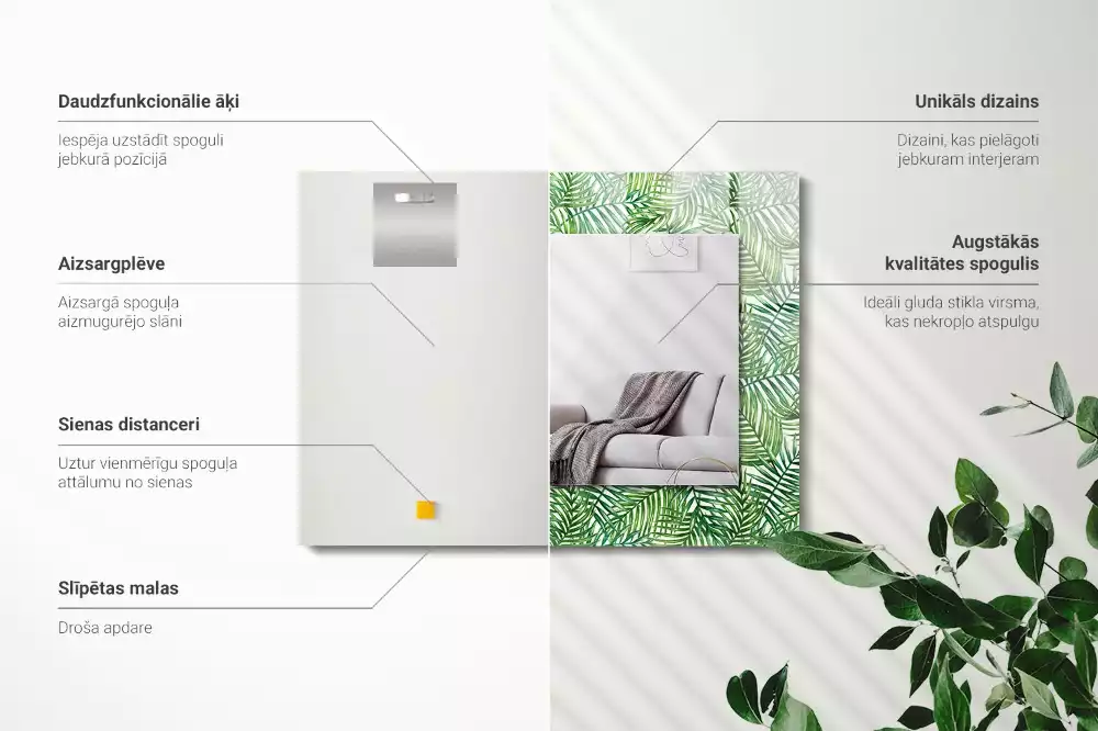 Miroir rectangulaire avec cadre imprimé feuilles de palmier vertes