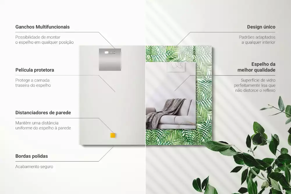 Miroir rectangulaire avec cadre imprimé feuilles de palmier vertes