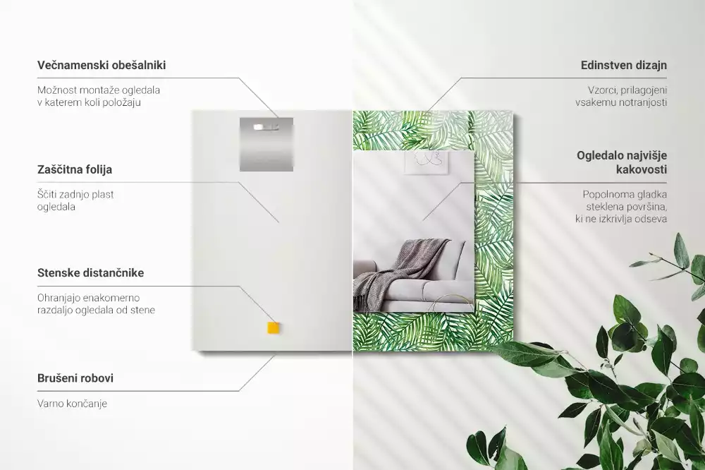 Miroir rectangulaire avec cadre imprimé feuilles de palmier vertes