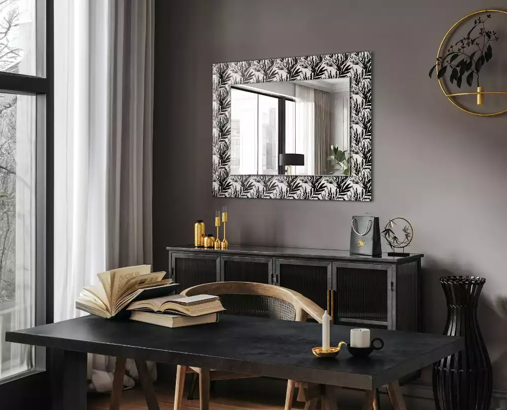 Miroir rectangulaire décoratif feuilles en noir et blanc