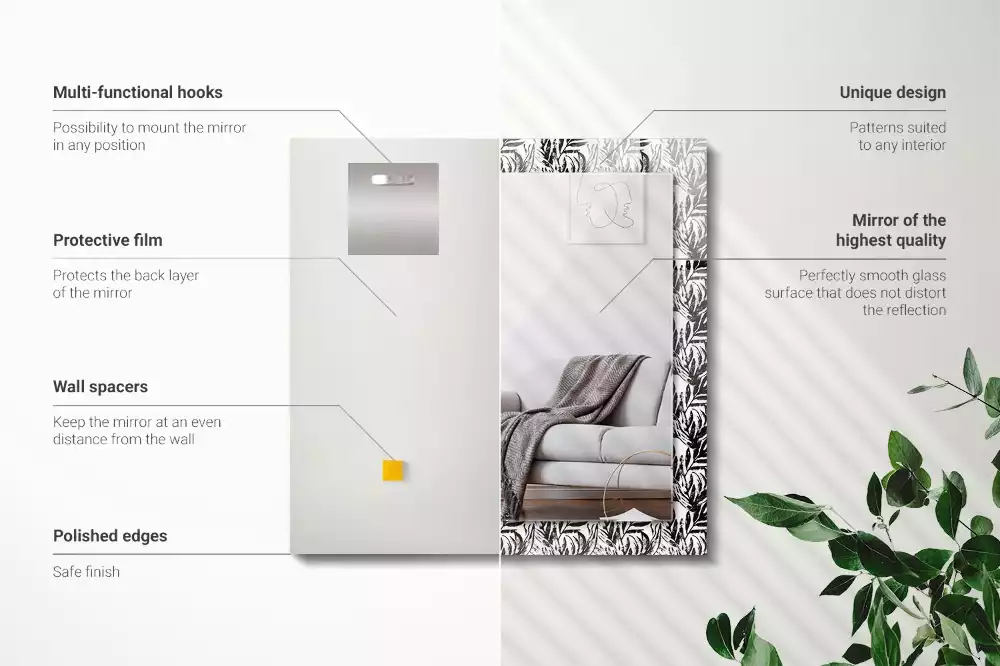 Miroir rectangulaire décoratif feuilles en noir et blanc