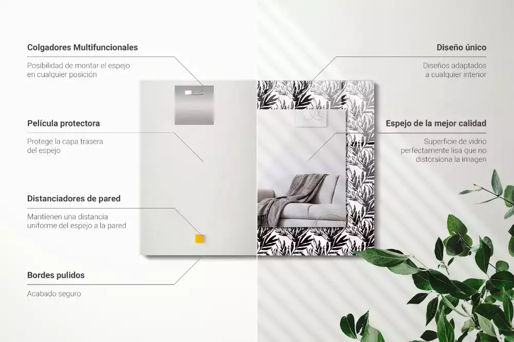 Miroir rectangulaire décoratif feuilles en noir et blanc